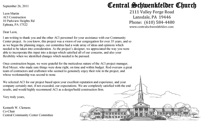 Central Schwenkfelder Church, Recommendation Letter